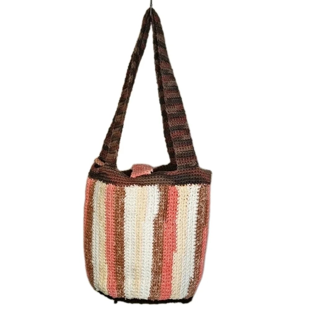 Hippie Boho Hand Crocheted Earthy Striped Bucket Purse W/ Coin Purse Homemade